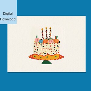 Cartão de bolo de outubro, cartão de felicitações para impressão, download digital, cartão dobrável 5x7 e 4x6, cartão de feliz aniversário