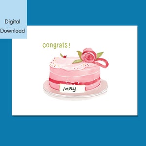 Carte de gâteau de roses de mai, carte de voeux imprimable, téléchargement numérique, carte pliable 5 x 7 et 4 x 6, carte de joyeux anniversaire