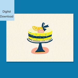 Cartão de bolo de limão de julho, cartão de felicitações para impressão, download digital, cartão dobrável 5x7 e 4x6, cartão de feliz aniversário