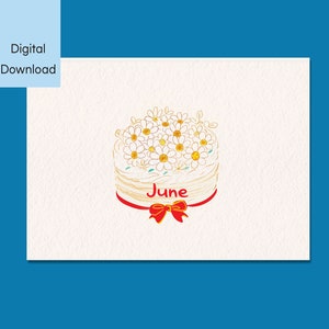 Carte de gâteau marguerite de juin, carte de voeux imprimable, téléchargement numérique, carte pliable 5 x 7 et 4 x 6, carte de joyeux anniversaire