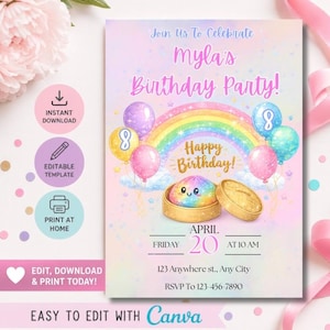 Può includere: Invito per festa di compleanno dai colori pastello con il testo "Join Us To Celebrate Myla's Birthday Party!". Arcobaleno, palloncini e un simpatico personaggio di dim sum. Include data, ora e RSVP.