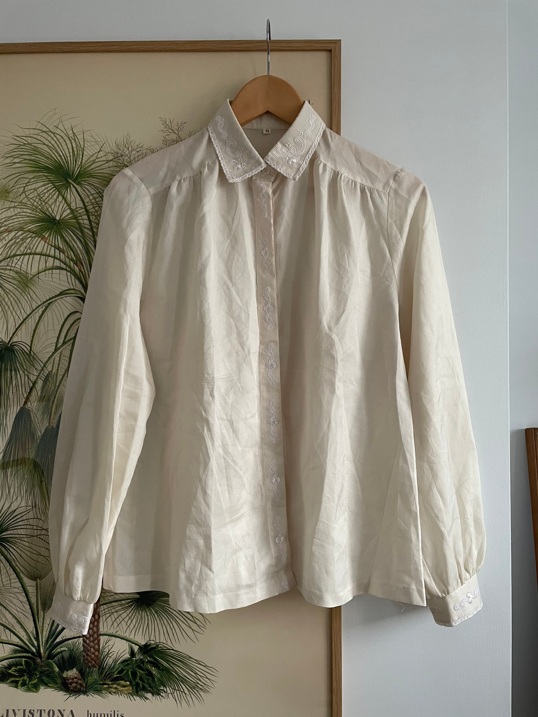 Vintage ivory blouse with embroidery & collar Uk12-14 | Etsy