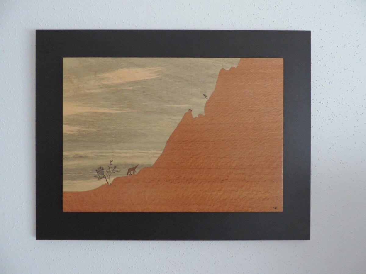 Tableau en Marqueterie Chamois sur Un Versant de Montagne