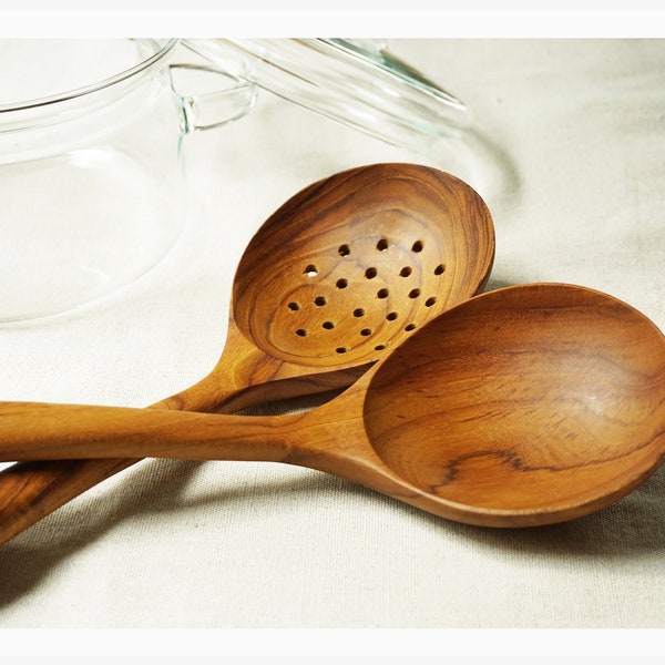 LARGE 14 Inch Cooking Spoon and Strainer - Golden Teak | Handmade Wooden Cooking Utensils | Wooden Kitchen Spoon | Wood Cookware | Gift