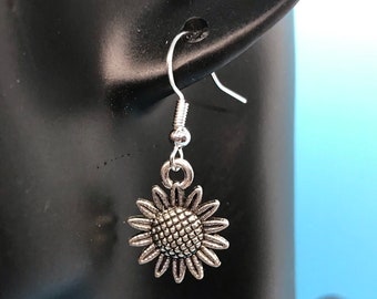 Silver Sunflower Earrings with 925 Sterling Silver Hooks Floral Flowers