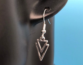 Silver Double Triangle Geometric Dangly Earrings with 925 Sterling Silver Earring Hooks