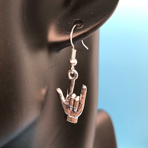 Silver ASL &quot;I Love You&quot; Hand Sign Language Earrings with 925 Sterling Silver Earring Hooks