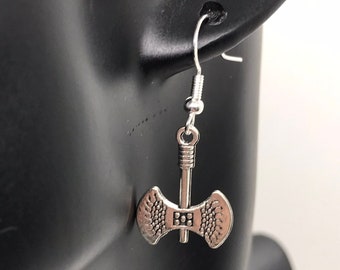 Silver Battle Axe Dangly Earrings with 925 Sterling Silver Earring Hooks