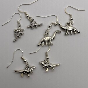 3 Pairs of Dinosaur Dangly Earrings with 925 Sterling Silver Earring Hooks T-Rex Stegosaurus Brontosaurus
