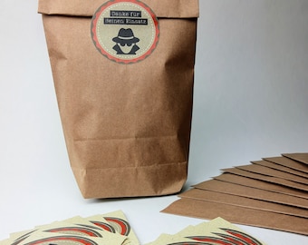 10 stickers with & without gift bag, detective, secret agent, children's birthday party favor, agent party, guest gift