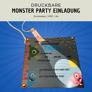 May include: A printable Monster Party invitation with a gray background. The invitation features colorful monster illustrations and party details. Text includes "Monster Party Invitation" and fill-in-the-blank fields for date, time, and RSVP.
