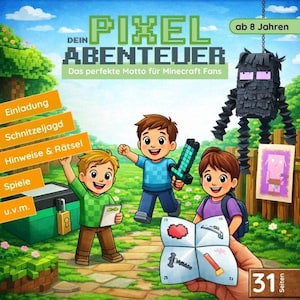 Könnte beinhalten: Ein farbenfrohes Buchcover mit dem Titel "DEIN PIXEL ABENTEUER" und dem Text "Das perfekte Motto für Minecraft Fans". Das Bild zeigt drei Kinder, ein Minecraft-Schwert und eine hängende schwarze Figur. Das Buch ist für Kinder ab 8 Jahren geeignet.