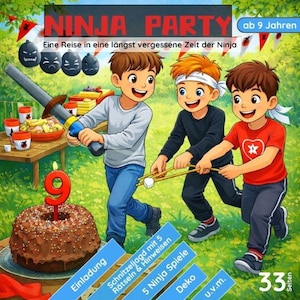 Utskrivbar ninjabarnfödelsedagsfest i PDF-format, dekoration för skattjakt för barn, festspel för barn att skriva ut