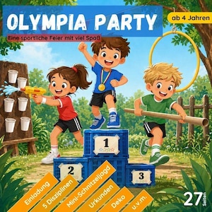 Könnte beinhalten: Illustration eines Kinderbuchcovers mit dem Titel "OLYMPIA PARTY". Das Bild zeigt drei Cartoon-Kinder, die an Spielen im olympischen Stil teilnehmen. Das Cover enthält deutschen Text und ist für Kinder ab 4 Jahren geeignet.