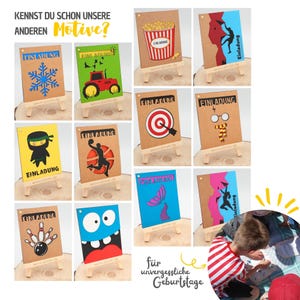 May include: A collection of 12 different birthday party invitation cards with various themes. Each card features a unique design with a cut-out shape and the word "Einladung" (German for invitation) printed on the front. The cards are displayed on small wooden easels.