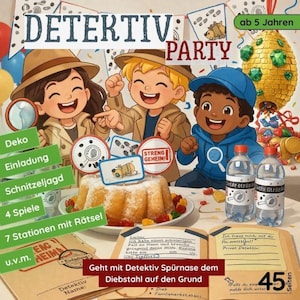 Könnte beinhalten: Eine farbenfrohe Illustration für eine Detektiv-Party mit drei Cartoon-Kindern, einem Kuchen und verschiedenen Party-Utensilien. Das Bild enthält deutschen Text wie "Detektiv Party" und "ab 5 Jahren".
