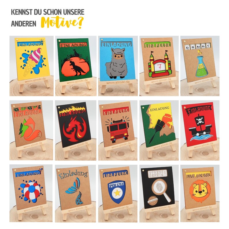 May include: A collection of 18 colorful invitation cards with various themes, including a dinosaur, a fire truck, a pirate ship, a mermaid, and a lion. Each card features a unique design and the word "Einladung" (German for "invitation") printed on it.