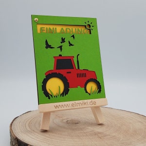 Einladung kleiner roter Traktor Bauernhof Kindergeburtstag Einladungskarte Trecker