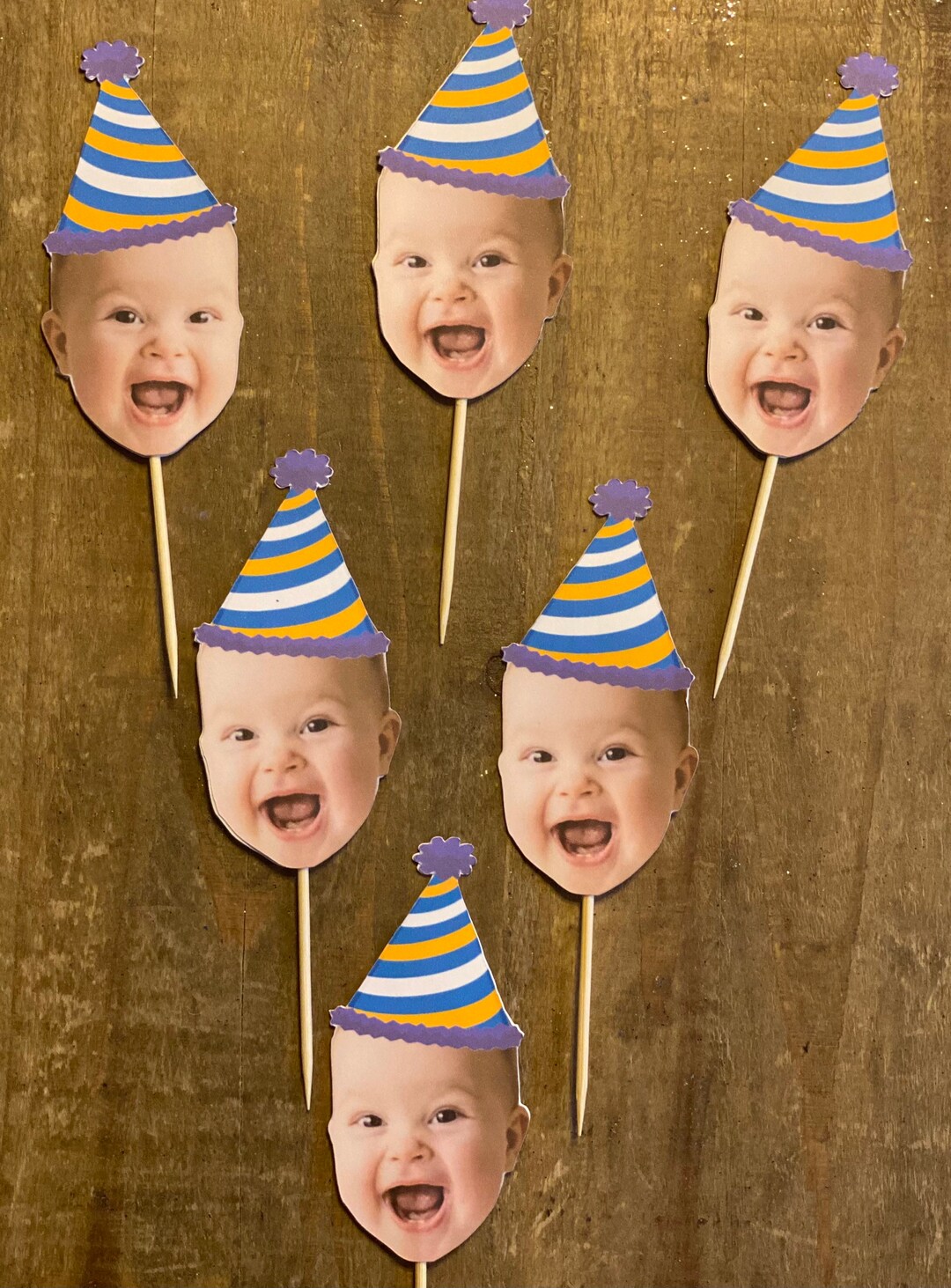 Party Hat Cupcake Topper, Double Sided, Custom Face Cupcake Toppers