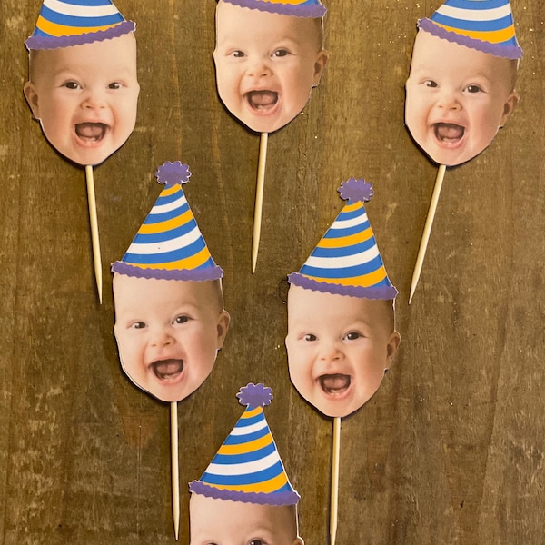 Party hat cupcake topper, double sided, custom face cupcake toppers, cupcake topper, cake topper, party decor, party hat cupcake topper.