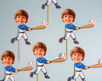 Baseball player face cupcake toppers, 12 pcs, double sided, birthday toppers, funny decor, custom toppers.