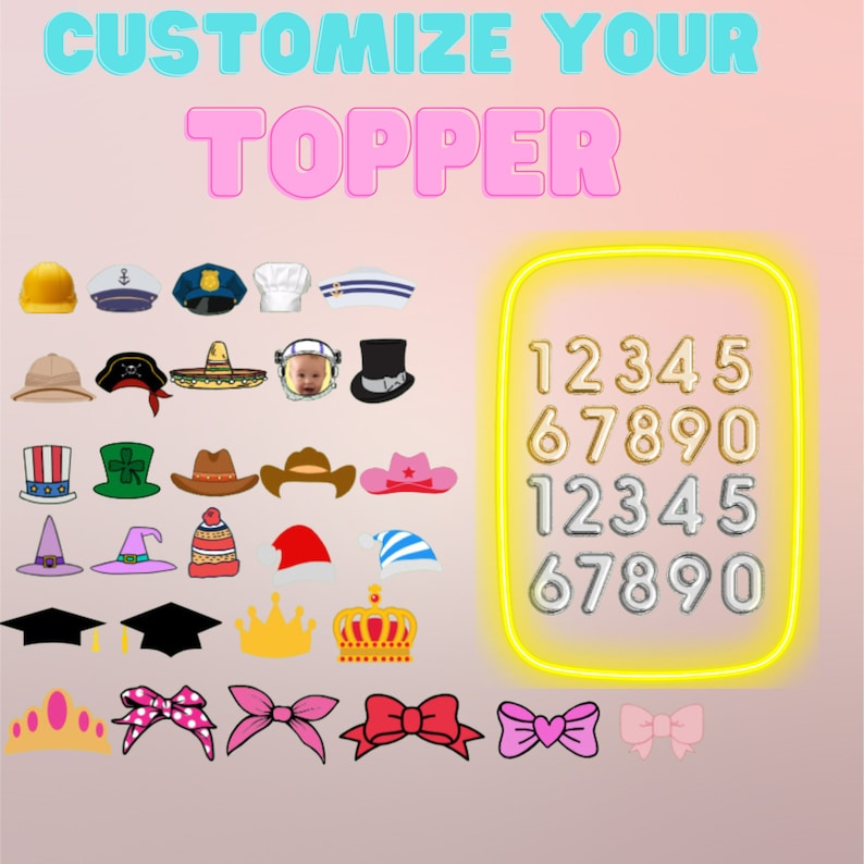 May include: A set of colorful digital party hat toppers with a variety of designs, including crowns, graduation caps, pirate hats, cowboy hats, and bows. The image also includes a neon yellow frame with the numbers 12345 67890 in gold and silver.