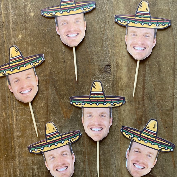 Mexican Sombrero Cupcake Toppers, DOUBLE SIDED, Sombrero Picture Cake Toppers, Mexican Fiesta,  Fiesta Birthday, Face Cupcake Toppers
