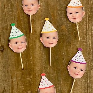 Primary colors party hat, double sided, face cupcake toppers, custom face cupcake toppers, birthday cupcake topper, cupcake toppers.