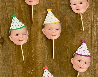 Primary colors party hat, double sided, face cupcake toppers, custom face cupcake toppers, birthday cupcake topper, cupcake toppers.