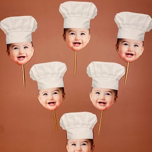 CHEF HAT face cupcake toppers. double sided. birthday cupcake toppers. baby cupcake topper. funny cupcake toppers. first birthday cupcake .