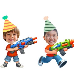 May include: Two cartoon children wearing party hats, holding toy blasters. One child is wearing a red shirt, blue shorts, and sneakers, holding a blue blaster. The other child is wearing an orange shirt, blue jeans, and sneakers, holding a green blaster.