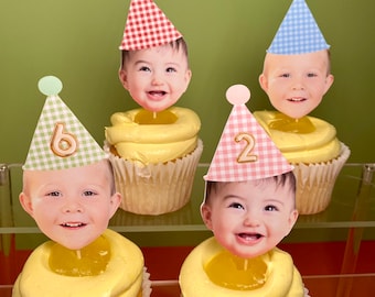 gingham pattern party hat, double sided, face cupcake toppers, custom face cupcake toppers, birthday cupcake topper, cupcake topper, gingham