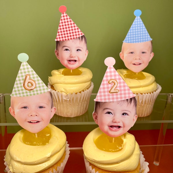 gingham pattern party hat, double sided, face cupcake toppers, custom face cupcake toppers, birthday cupcake topper, cupcake topper, gingham