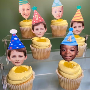 Digital download only, custom face cupcake toppers, cute photo cupcake decorations, 1st birthday cupcake toppers, cake decor, party hat.