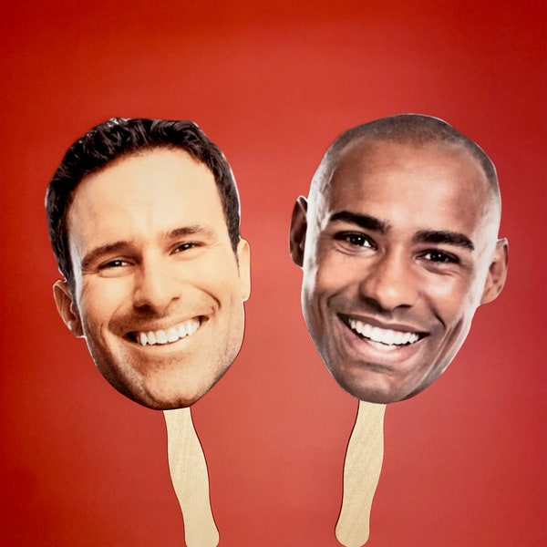 Big head on a stick, double sided, custom face cutout on a stick, groom face cutout, bachelorette party favor, sport event prop, photo boot.