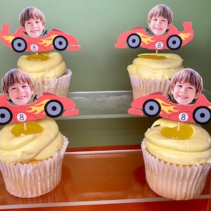 race car face cupcake topper, double sided, birthday cupcake topper, race car party decoration, kids birthday party, birthday cupcake topper
