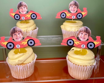Race Car Face Cupcake Toppers: Double Sided Birthday Party Decoration