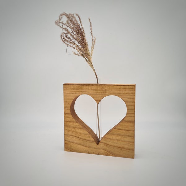 Holzaufsteller mit Herz-Ausschnitt mit Vase - Reagenzglas - Valentinstagsgeschenk - Jahrestag - Hochzeitsgeschenk