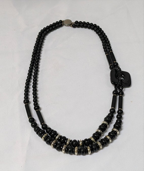 Black and Silver Beaded Necklace, Multi-Strand wi… - image 2