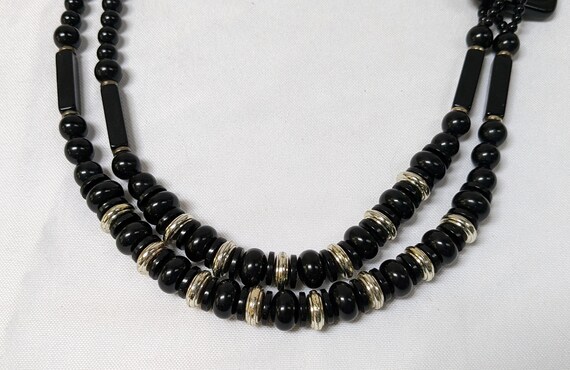 Black and Silver Beaded Necklace, Multi-Strand wi… - image 5