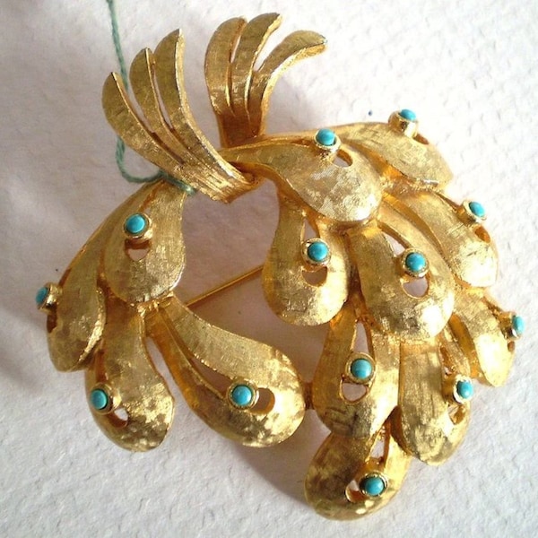 Florentine Finish Brooch, Flowing Design, Turquoise Glass Beads, Gold-tone, 1960s - 1970s Vintage, Unsigned Beauty