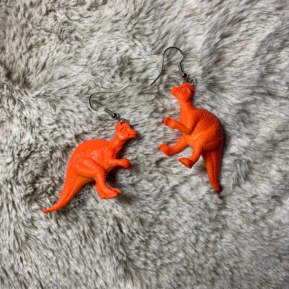Orange Dinosaur Earrings, Dangle Earrings