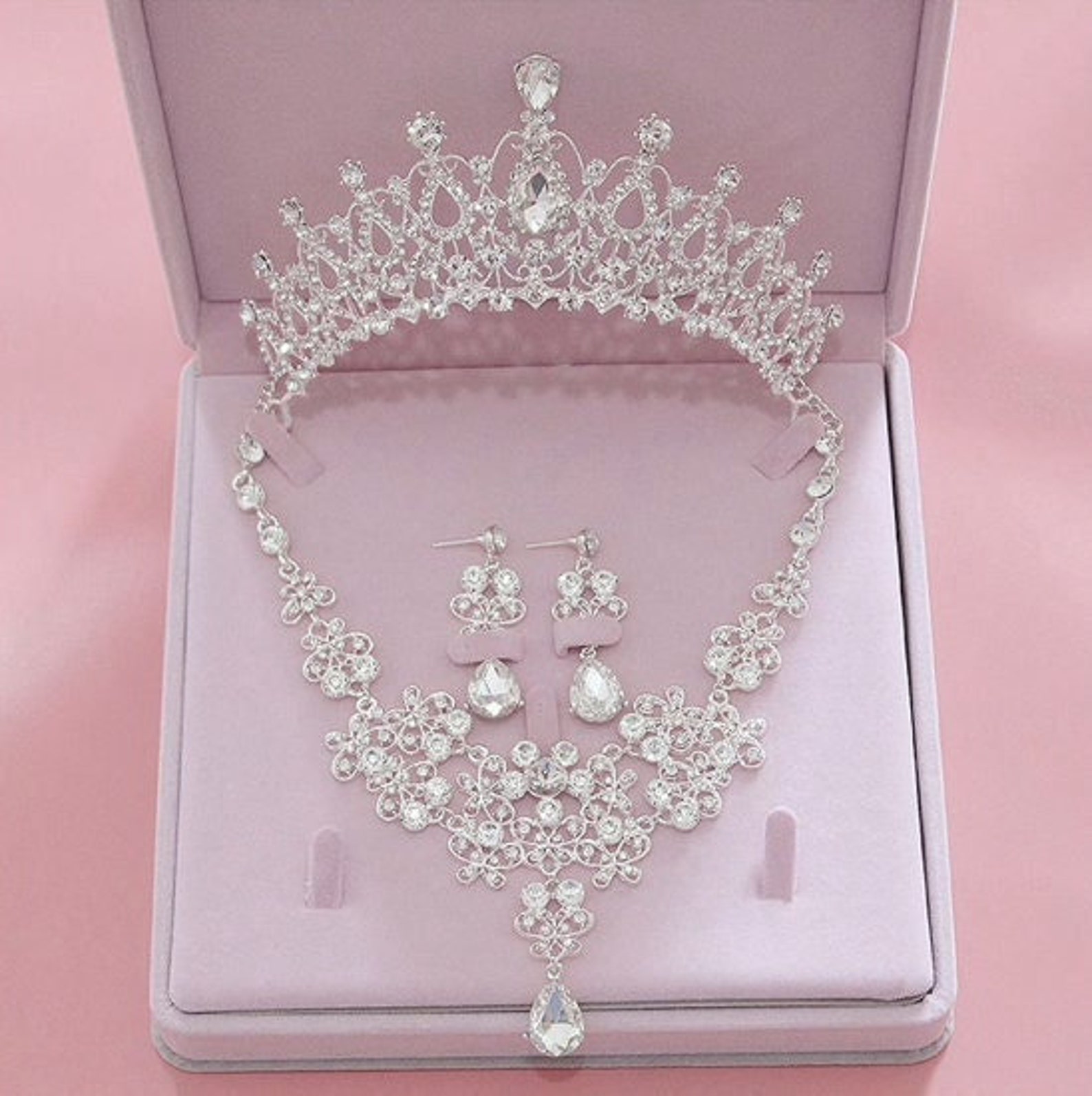 Bridal Tiara Crown Earring Necklace Set Wedding Hair Etsy
