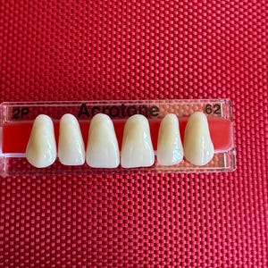 Puede incluir: Primer plano de seis dientes artificiales en una bandeja de plástico etiquetada "2P Acrotone 62". Los dientes son de un tono blanco claro.