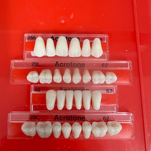 May include: A close-up of a dental shade guide with rows of artificial teeth in various shades of white. The guide is labelled "Acrotone" and has numbers "266", "29L", "16", and "62" printed on it.