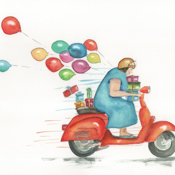 Postkarten-Set Geburtstagskarte Frau auf Vespa mit Geschenken und Ballons
