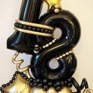 Birthday Age Balloon Stack. Black & Gold (42 Piece) UK Stock