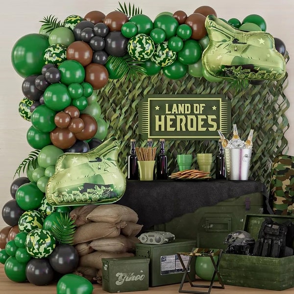 Decoraciones de camuflaje con tema de jungla, kit de guirnalda de globos (115 piezas) Tanque del ejército