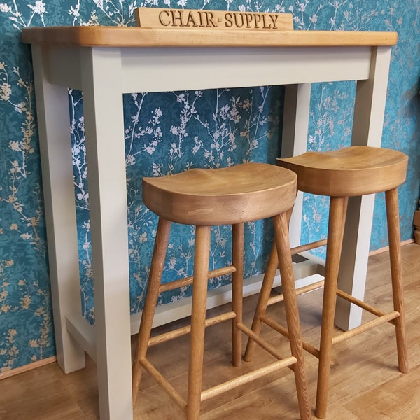 Made To Order Wooden Breakfast Bar with Two Shaker Style Dining Bar Stools With A Farrow and Ball Painted Frame