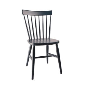 May include: A black wooden chair with a slatted back and a simple design.